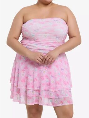 Hello Kitty Pink Floral Strapless Ruffle Dress